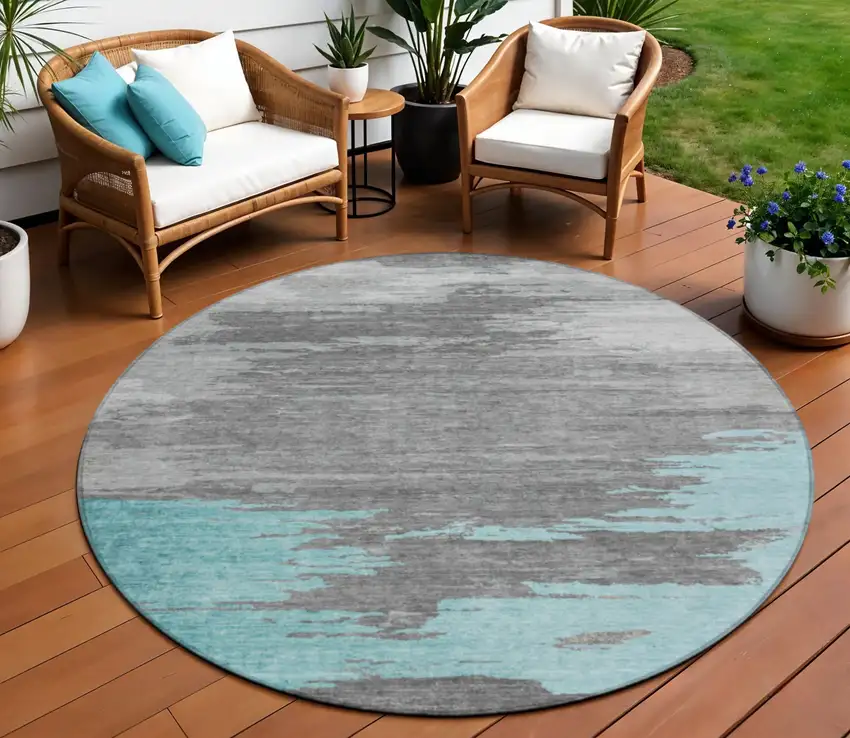 8' Teal Blue And Gray Round Abstract Washable Indoor Outdoor Area Rug Photo 2