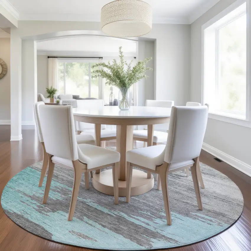 8' Teal Blue And Gray Round Abstract Washable Indoor Outdoor Area Rug Photo 6