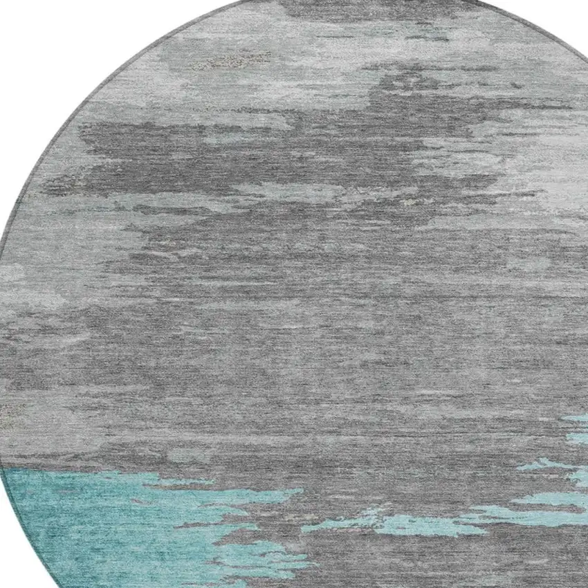 8' Teal Blue And Gray Round Abstract Washable Indoor Outdoor Area Rug Photo 8