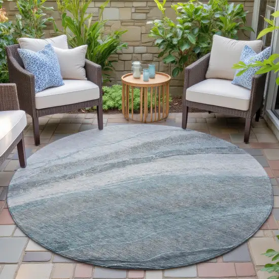 8' Teal Blue And Gray Round Abstract Washable Indoor Outdoor Area Rug Photo 6