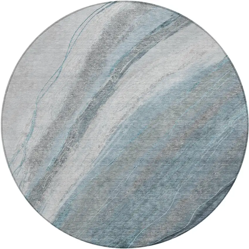 8' Teal Blue And Gray Round Abstract Washable Indoor Outdoor Area Rug Photo 1