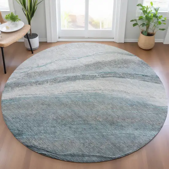 8' Teal Blue And Gray Round Abstract Washable Indoor Outdoor Area Rug Photo 5