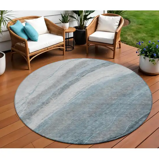 8' Teal Blue And Gray Round Abstract Washable Indoor Outdoor Area Rug Photo 2