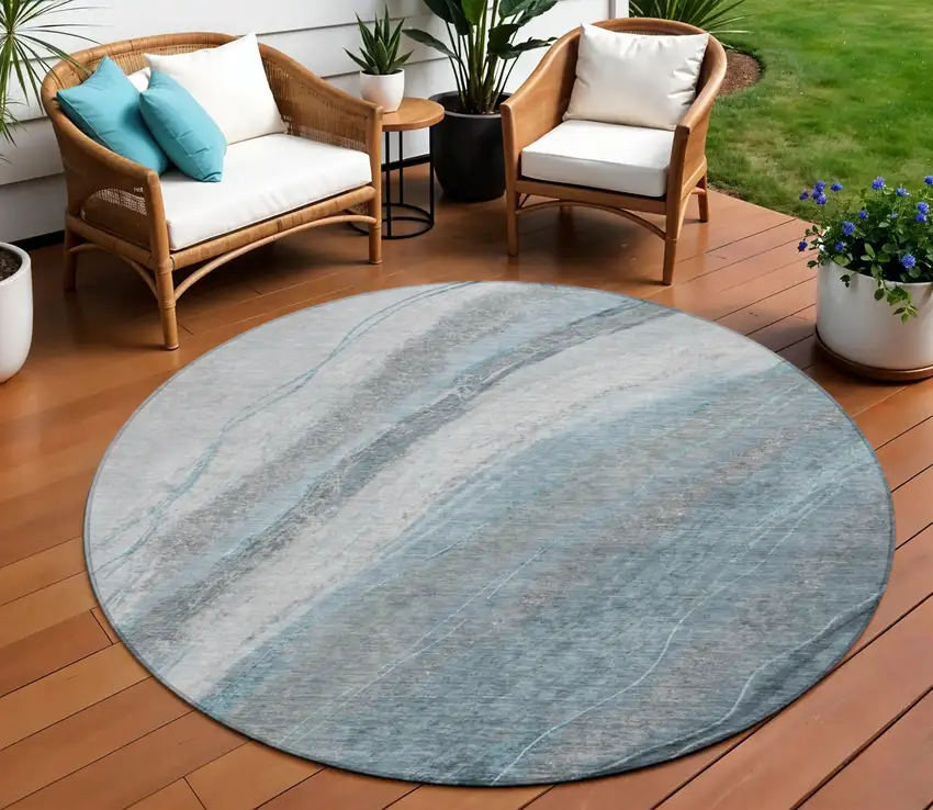 8' Teal Blue And Gray Round Abstract Washable Indoor Outdoor Area Rug Photo 2