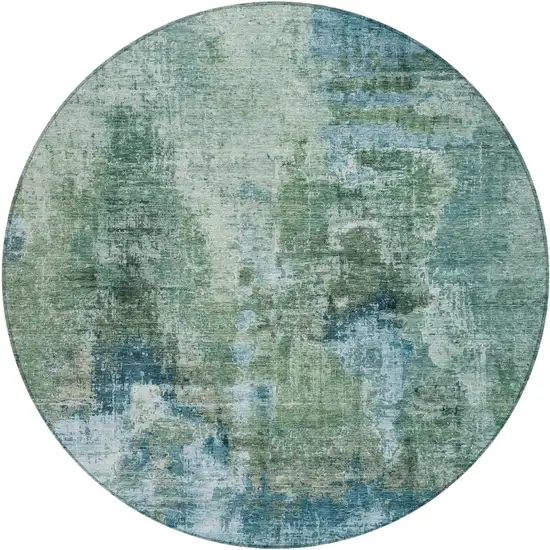 8' Teal Blue And Gray Round Abstract Washable Indoor Outdoor Area Rug Photo 2
