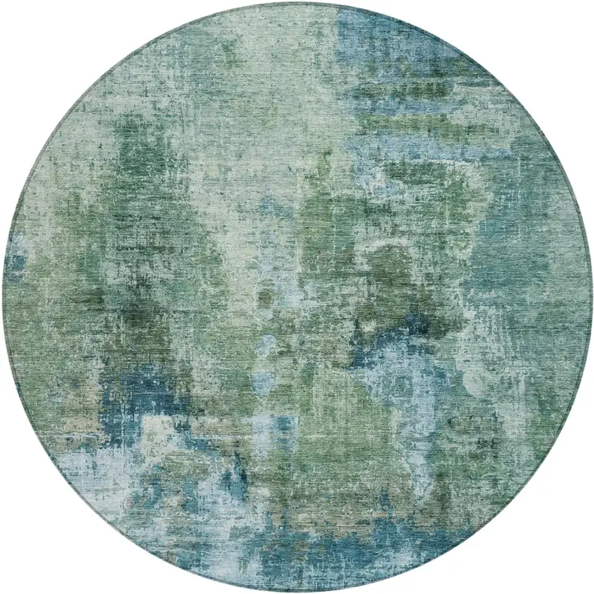 8' Teal Blue And Gray Round Abstract Washable Indoor Outdoor Area Rug Photo 2