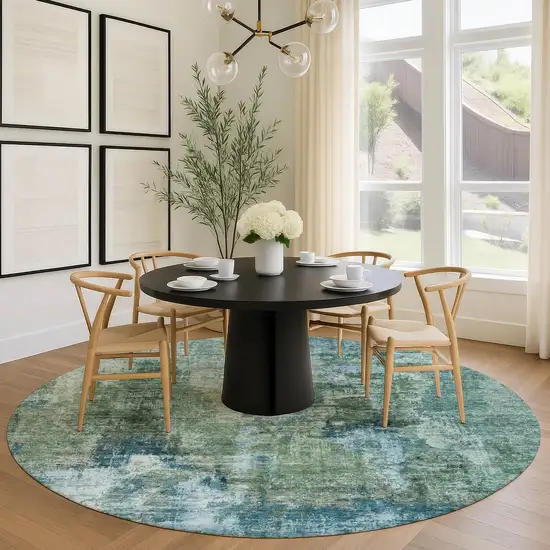 8' Teal Blue And Gray Round Abstract Washable Indoor Outdoor Area Rug Photo 9