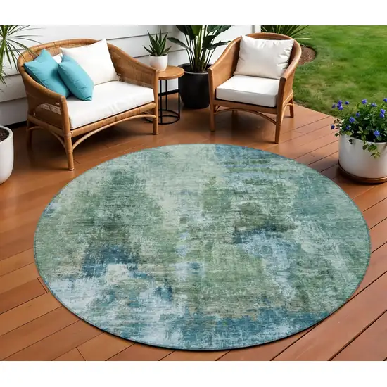 8' Teal Blue And Gray Round Abstract Washable Indoor Outdoor Area Rug Photo 1