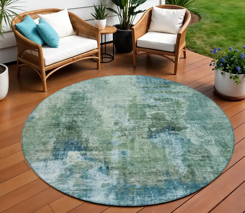 8' Teal Blue And Gray Round Abstract Washable Indoor Outdoor Area Rug Photo 1