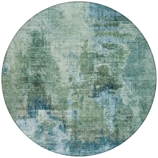 8' Teal Blue And Gray Round Abstract Washable Indoor Outdoor Area Rug Photo 4