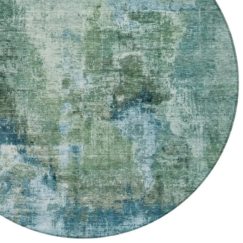 8' Teal Blue And Gray Round Abstract Washable Indoor Outdoor Area Rug Photo 7
