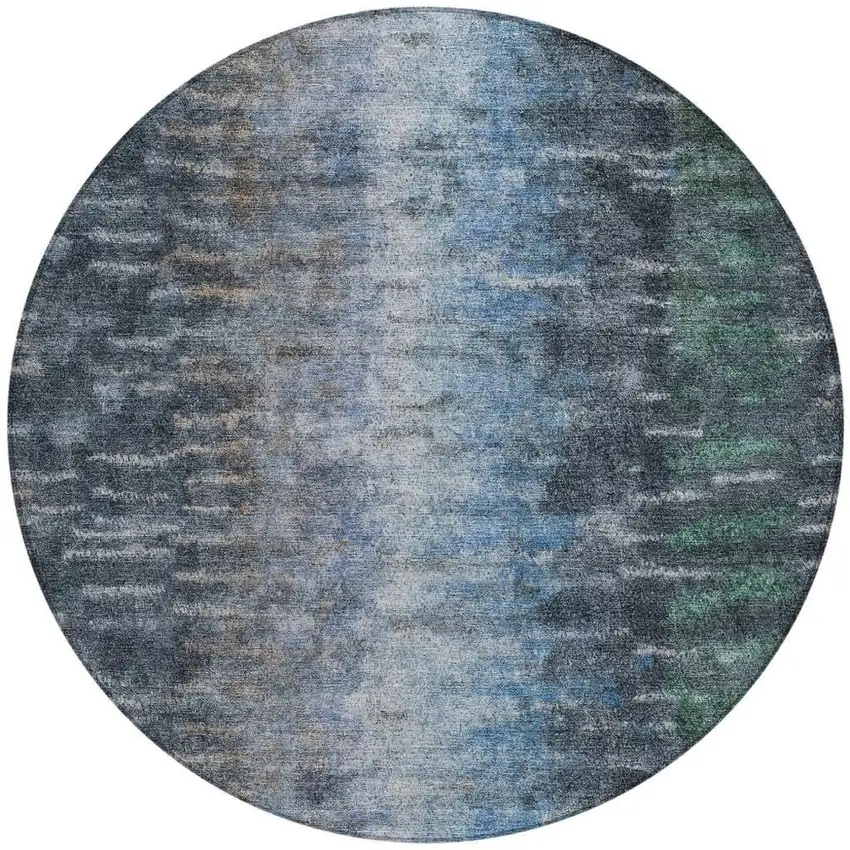 8' Teal Blue And Gray Round Abstract Washable Indoor Outdoor Area Rug Photo 4
