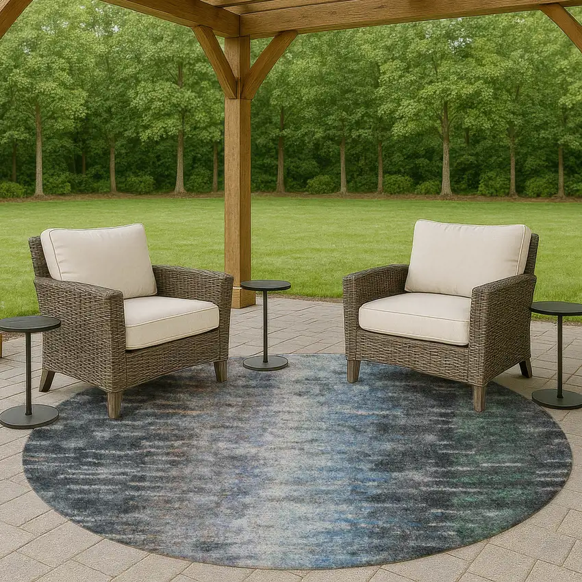 8' Teal Blue And Gray Round Abstract Washable Indoor Outdoor Area Rug Photo 8