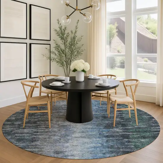 8' Teal Blue And Gray Round Abstract Washable Indoor Outdoor Area Rug Photo 9