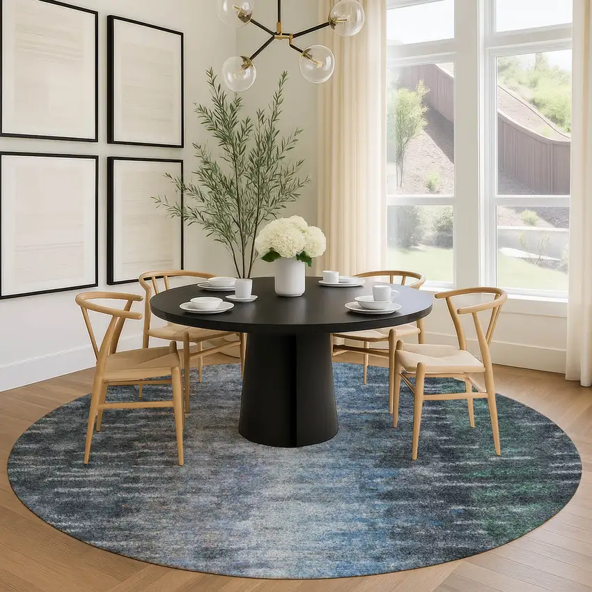 8' Teal Blue And Gray Round Abstract Washable Indoor Outdoor Area Rug Photo 9