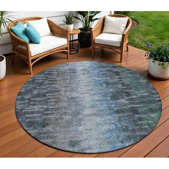 8' Teal Blue And Gray Round Abstract Washable Indoor Outdoor Area Rug Photo 1