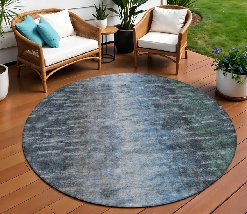 8' Teal Blue And Gray Round Abstract Washable Indoor Outdoor Area Rug Photo 1