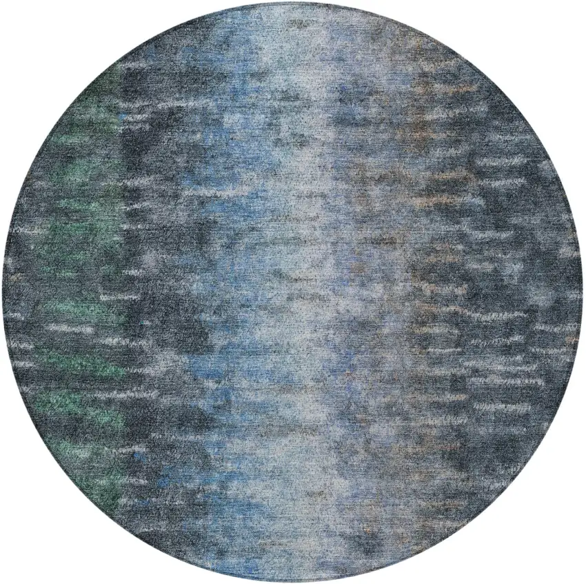 8' Teal Blue And Gray Round Abstract Washable Indoor Outdoor Area Rug Photo 5