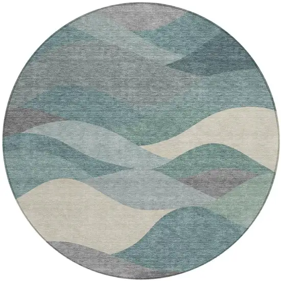 8' Teal Blue And Gray Round Abstract Washable Indoor Outdoor Area Rug Photo 3