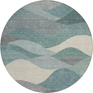 Photo of 8' Teal Blue And Gray Round Abstract Washable Indoor Outdoor Area Rug