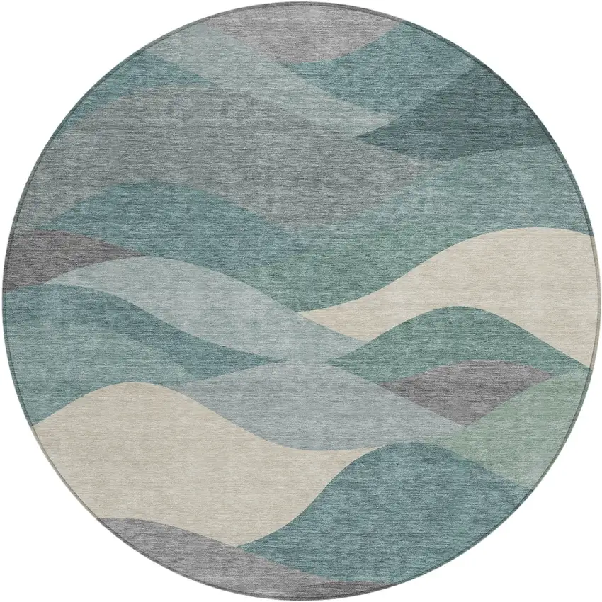 8' Teal Blue And Gray Round Abstract Washable Indoor Outdoor Area Rug Photo 1