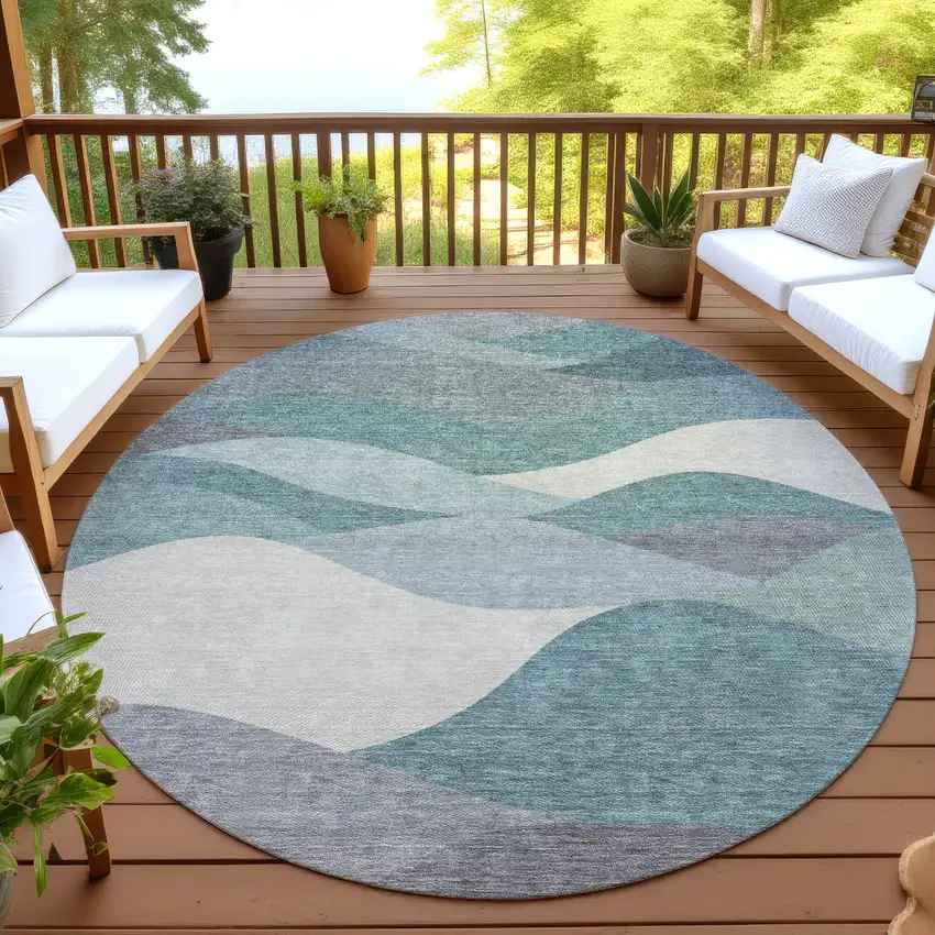 8' Teal Blue And Gray Round Abstract Washable Indoor Outdoor Area Rug Photo 4
