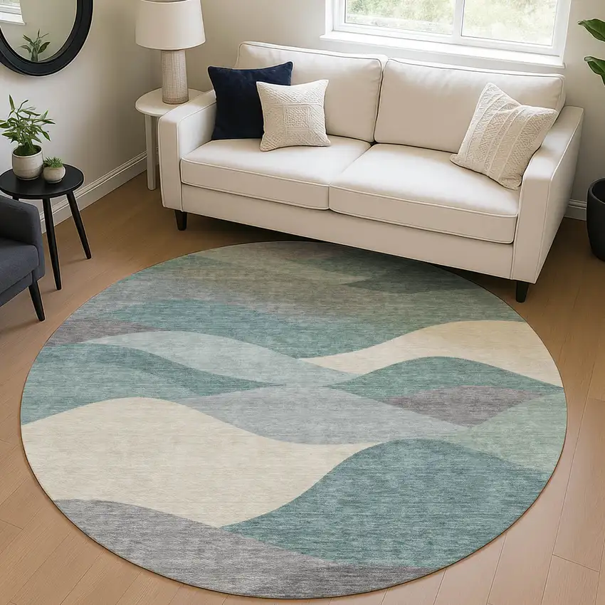 8' Teal Blue And Gray Round Abstract Washable Indoor Outdoor Area Rug Photo 5