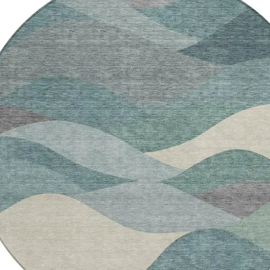 8' Teal Blue And Gray Round Abstract Washable Indoor Outdoor Area Rug Photo 2