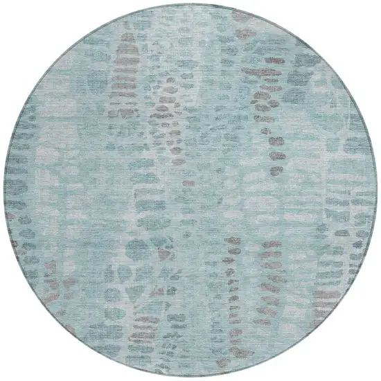 8' Teal Blue And Gray Round Abstract Washable Indoor Outdoor Area Rug Photo 3