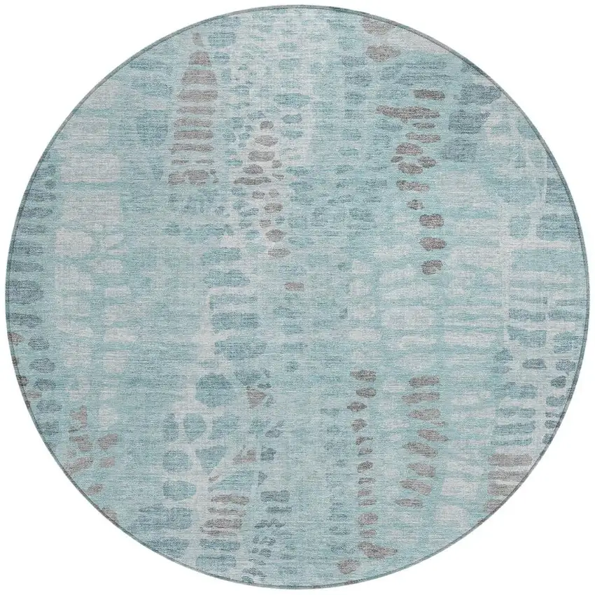 8' Teal Blue And Gray Round Abstract Washable Indoor Outdoor Area Rug Photo 3