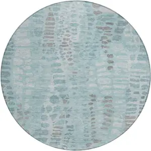 Photo of 8' Teal Blue And Gray Round Abstract Washable Indoor Outdoor Area Rug