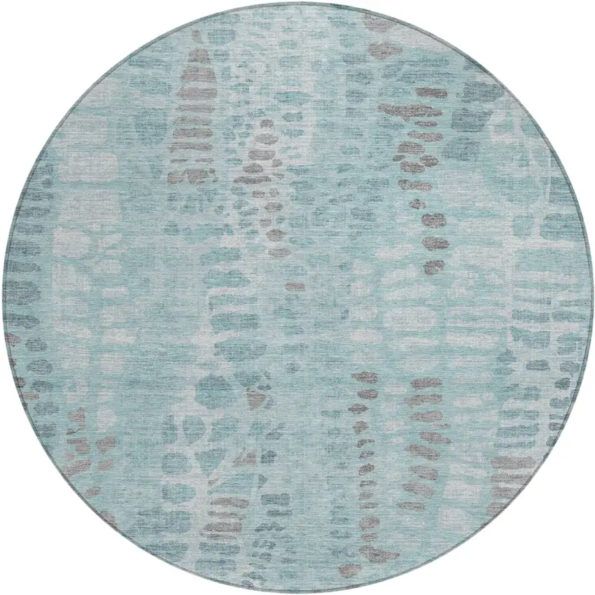 8' Teal Blue And Gray Round Abstract Washable Indoor Outdoor Area Rug Photo 1