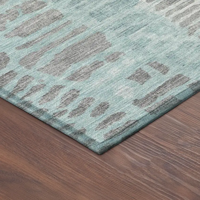 8' Teal Blue And Gray Round Abstract Washable Indoor Outdoor Area Rug Photo 8