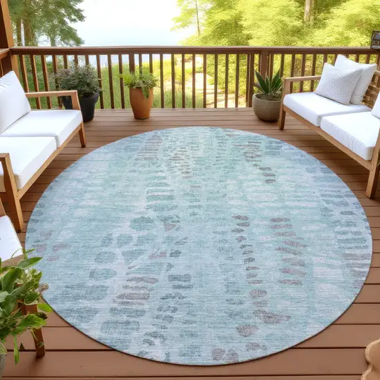 8' Teal Blue And Gray Round Abstract Washable Indoor Outdoor Area Rug Photo 4