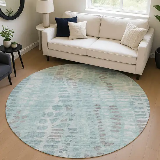 8' Teal Blue And Gray Round Abstract Washable Indoor Outdoor Area Rug Photo 5