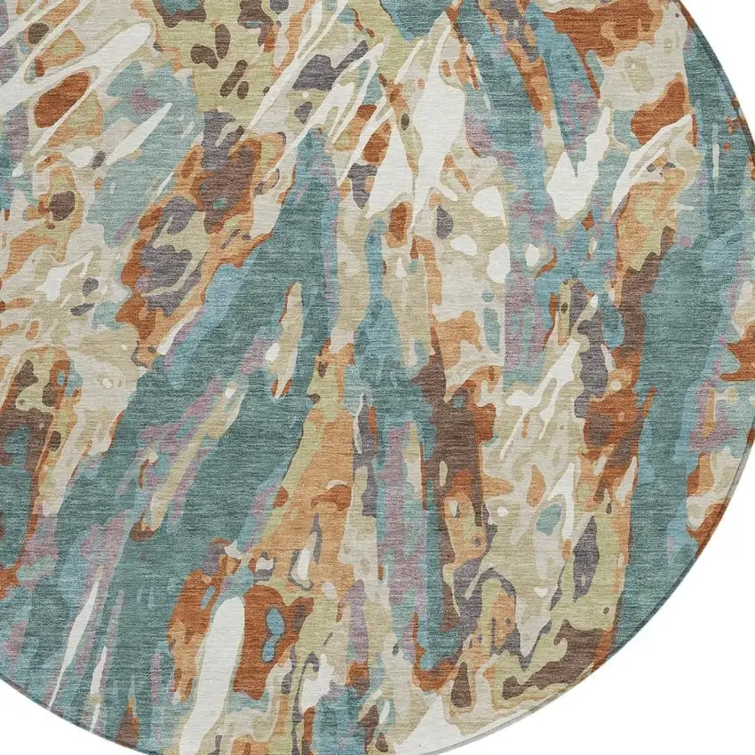 8' Teal Blue And Gray Round Abstract Washable Indoor Outdoor Area Rug Photo 2