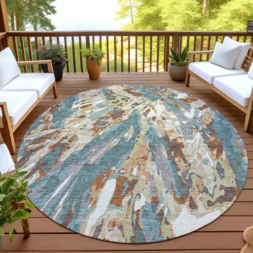 8' Teal Blue And Gray Round Abstract Washable Indoor Outdoor Area Rug Photo 4