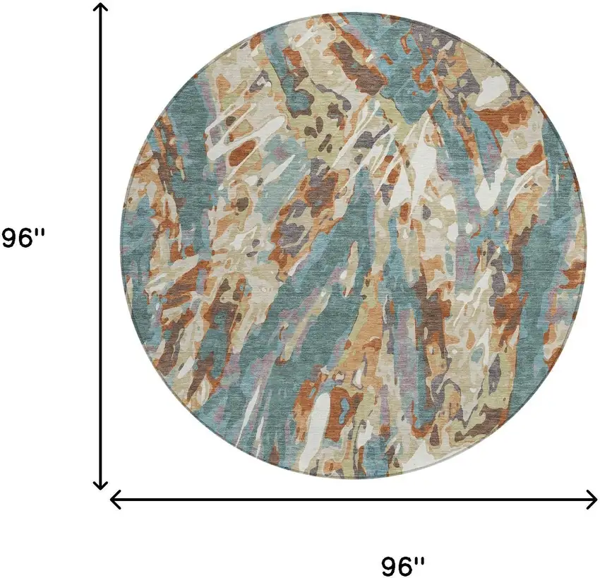 8' Teal Blue And Gray Round Abstract Washable Indoor Outdoor Area Rug Photo 8