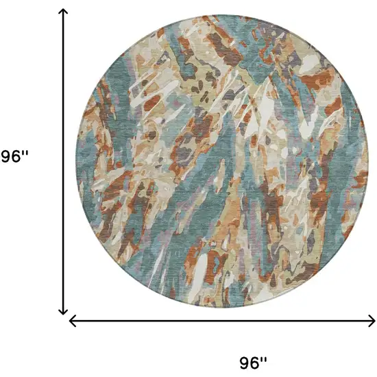 8' Teal Blue And Gray Round Abstract Washable Indoor Outdoor Area Rug Photo 8