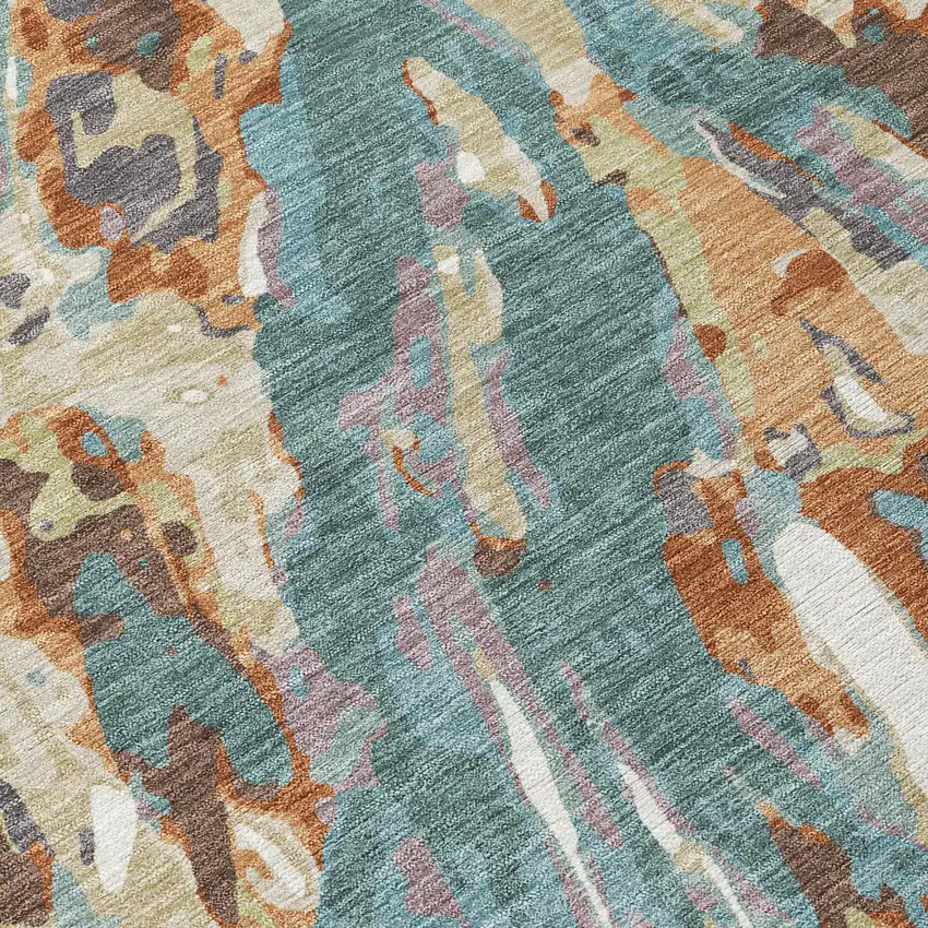 8' Teal Blue And Gray Round Abstract Washable Indoor Outdoor Area Rug Photo 7