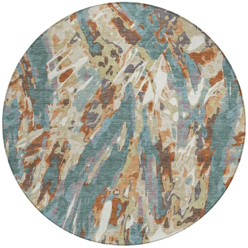 8' Teal Blue And Gray Round Abstract Washable Indoor Outdoor Area Rug Photo 3