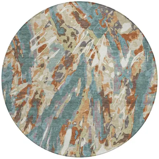 8' Teal Blue And Gray Round Abstract Washable Indoor Outdoor Area Rug Photo 3
