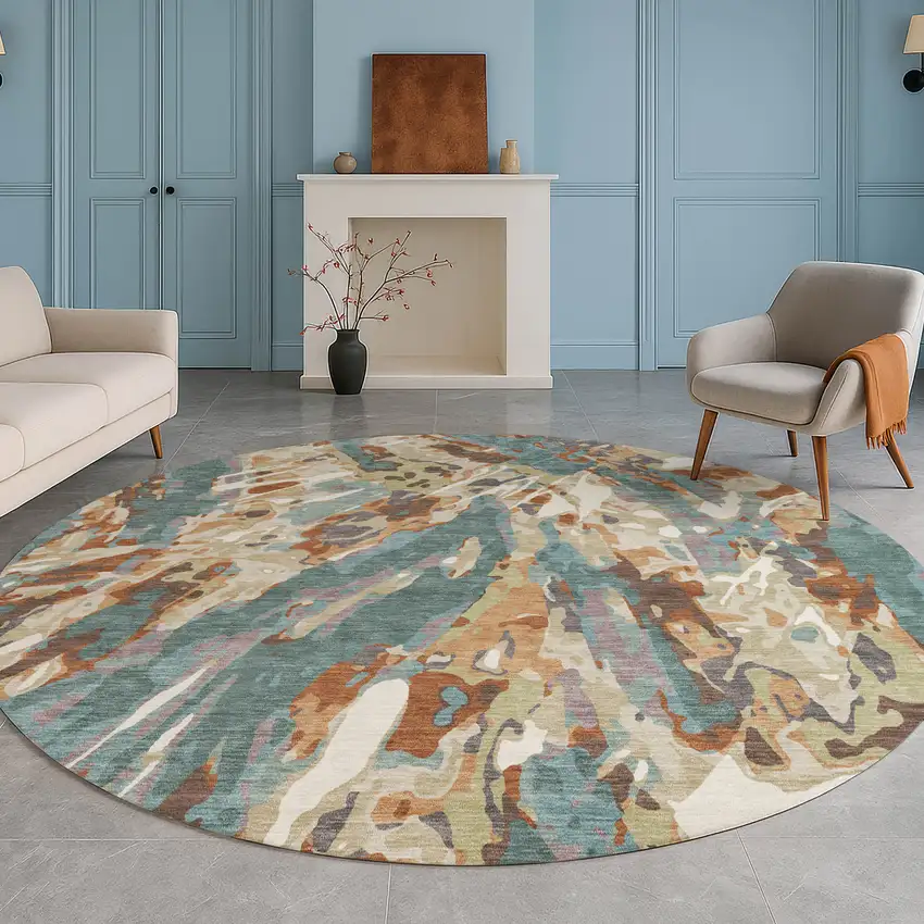 8' Teal Blue And Gray Round Abstract Washable Indoor Outdoor Area Rug Photo 5