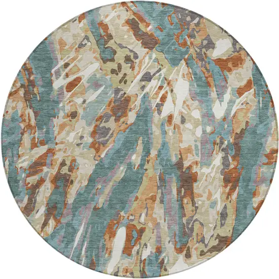 8' Teal Blue And Gray Round Abstract Washable Indoor Outdoor Area Rug Photo 1