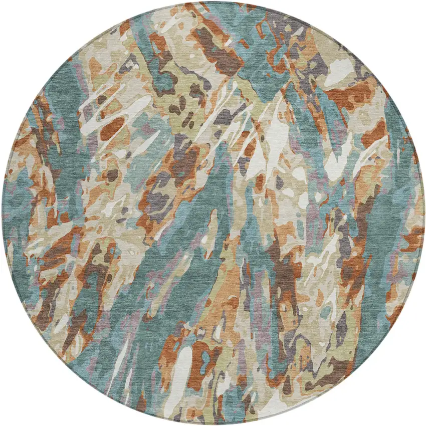 8' Teal Blue And Gray Round Abstract Washable Indoor Outdoor Area Rug Photo 1