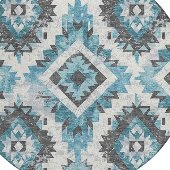 8' Teal Blue And Gray Round Aztec Washable Indoor Outdoor Area Rug Photo 4
