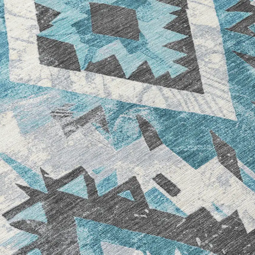 8' Teal Blue And Gray Round Aztec Washable Indoor Outdoor Area Rug Photo 9