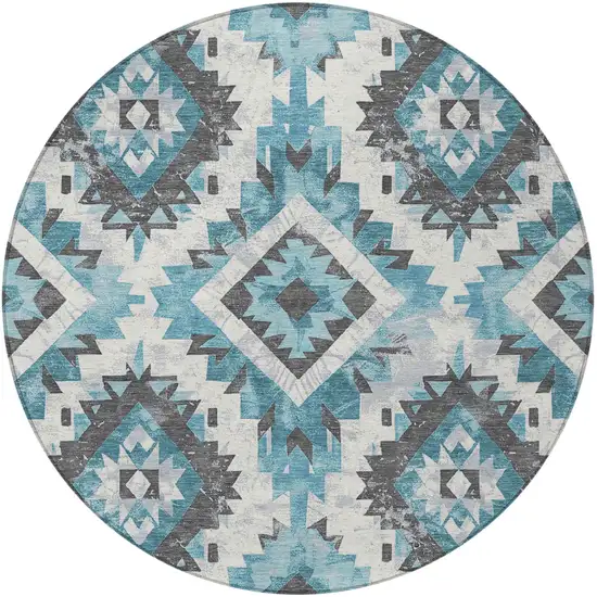 8' Teal Blue And Gray Round Aztec Washable Indoor Outdoor Area Rug Photo 3