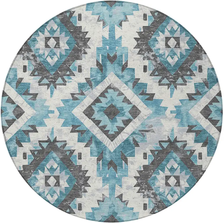 8' Teal Blue And Gray Round Aztec Washable Indoor Outdoor Area Rug Photo 3