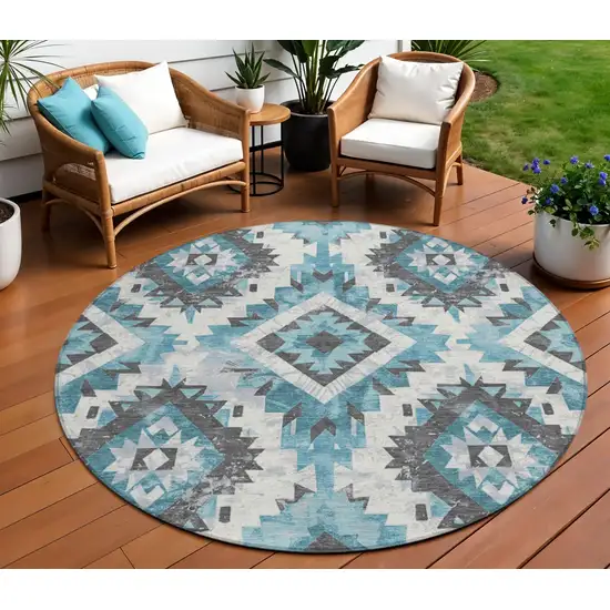 8' Teal Blue And Gray Round Aztec Washable Indoor Outdoor Area Rug Photo 2